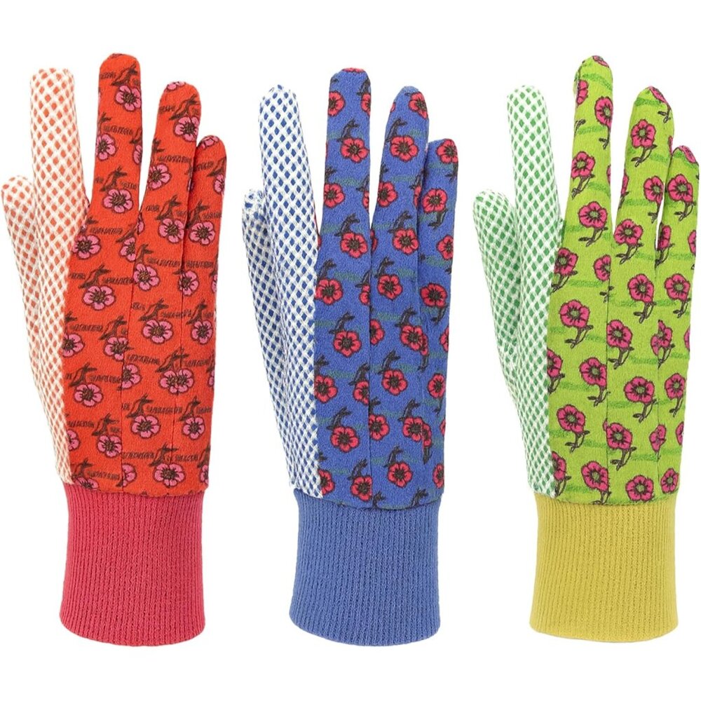 Women's Gardening Gloves, Soft Cotton Jersey, Floral Print, PVC Dot Grip, Comfor